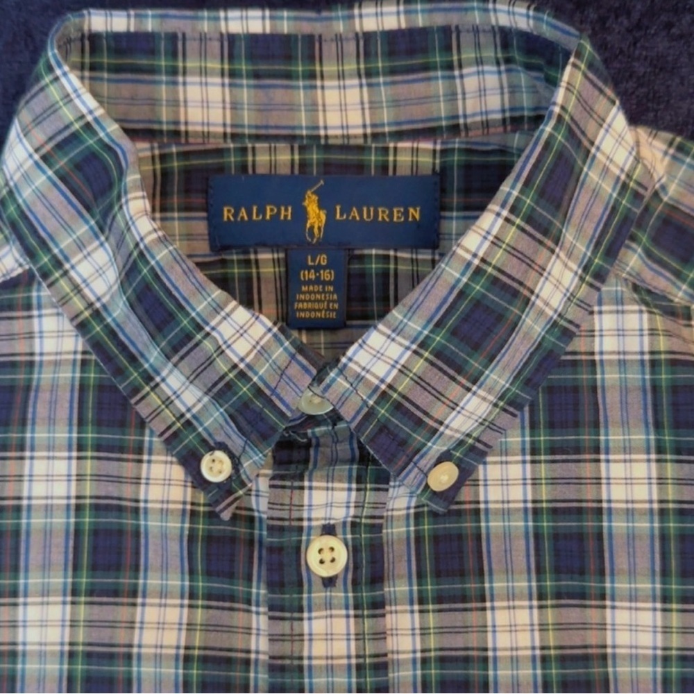 Ralph Lauren Men's Blue and Green Checkered Shirt